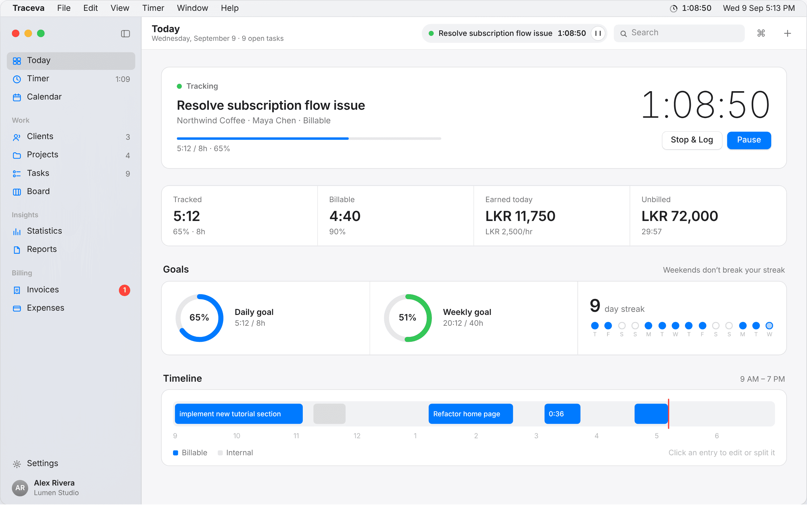 Traceva for Mac: the Today view with a running timer, daily stats, goals and timeline